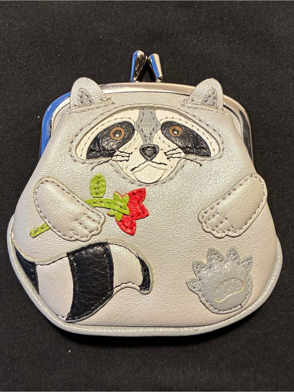 Brighton Raccoon Coin Purse Leather Kiss Lock Rose Applique Small Wallet